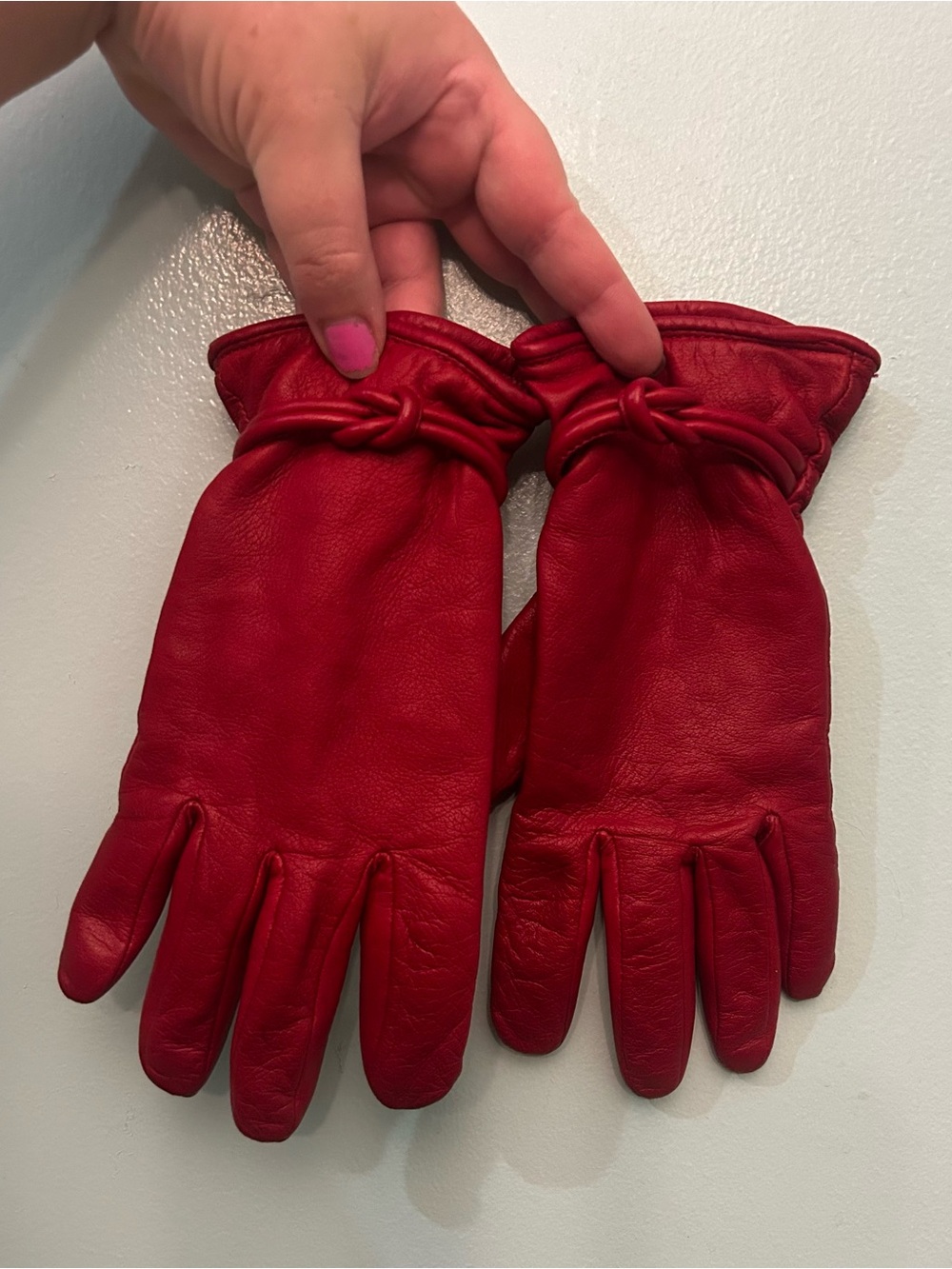 Women’s Red Leather Gloves Braided Wrist Detail Lined SZ 7.5